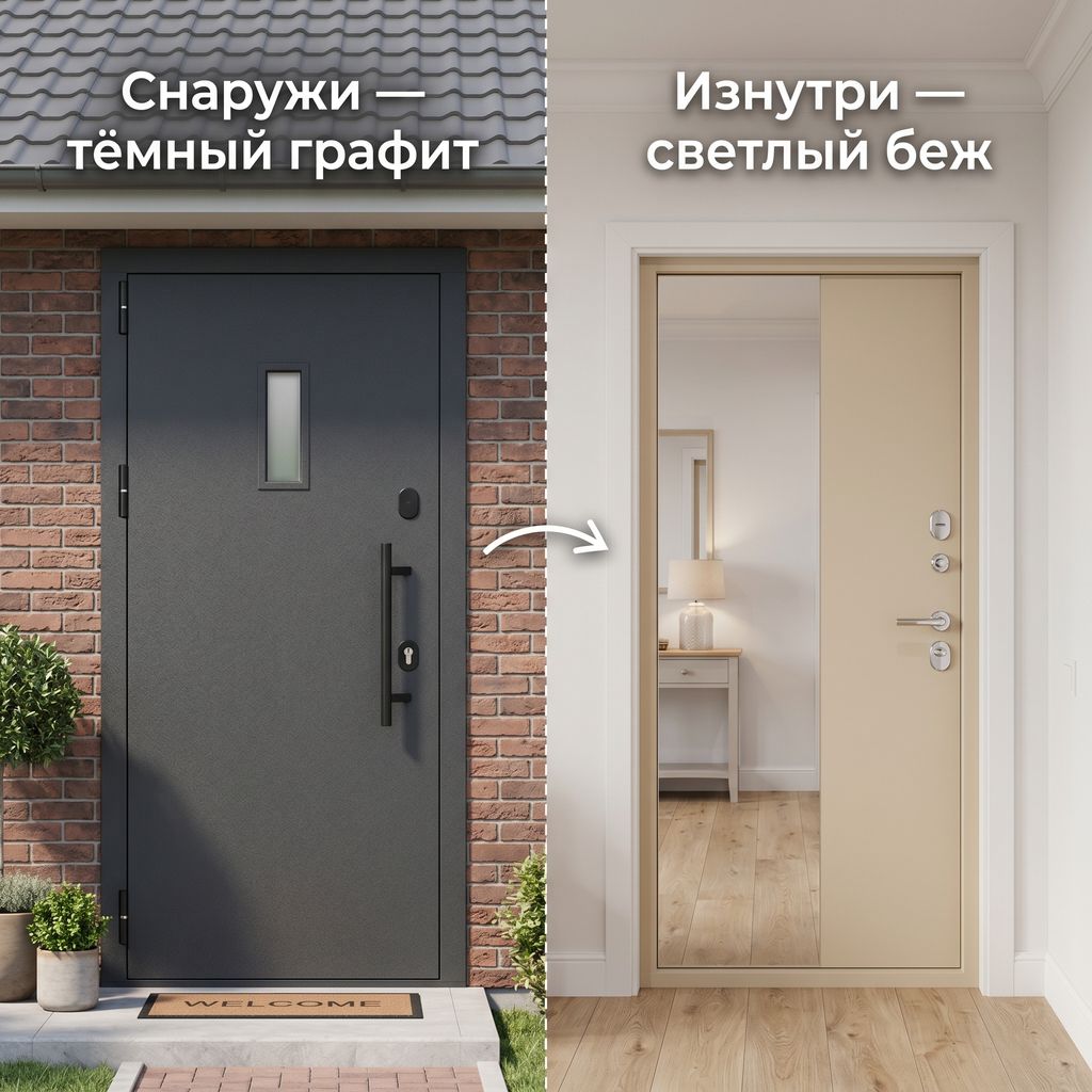 Контраст наружной и внутренней отделки двери (коллаж)
