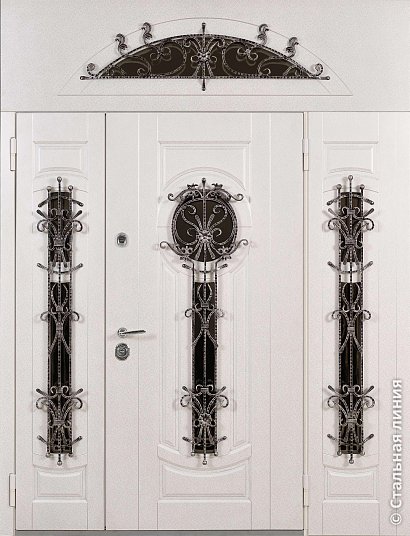 Роскошная двупольная входная дверь Троя со стеклом и ковкой